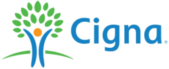 A green banner with the word cigna written in blue.