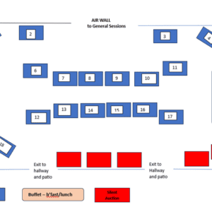 Conference exhibit hall floor plan with numbered booths