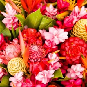 Vibrant tropical red and pink flower bouquet